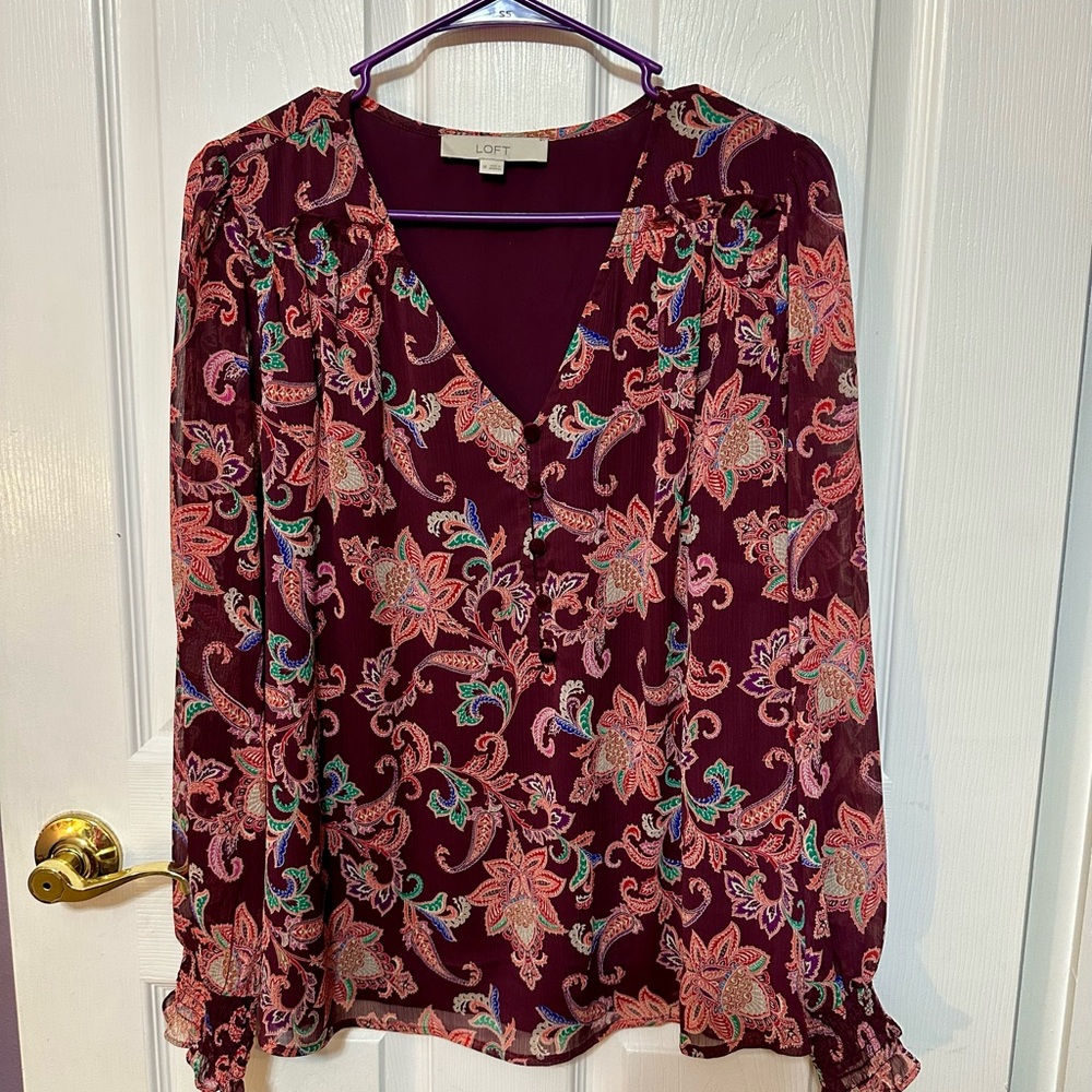 LOFT Burgundy Floral Paisley Blouse Size Medium - Picture 1 of 4